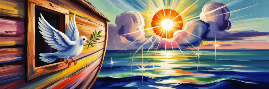 White Dove with Olive Branch Leaving Noah Ark at Radiant Sunrise Over Sea, Colorful Biblical Peace Illustration