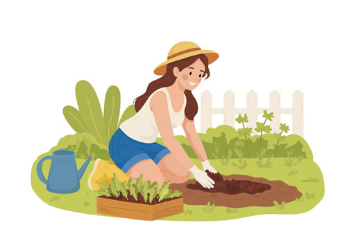 Woman gardening in a backyard during a sunny day, planting seeds in the soil