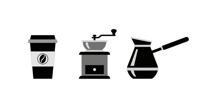 Minimalist coffee icons: cup, grinder, and pot design elements
