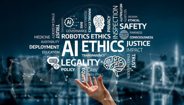 This image depicts the critical themes of AI ethics, showcasing keywords like trust, justice, and transparency set against a digital landscape, highlighting societal implications. Tessel