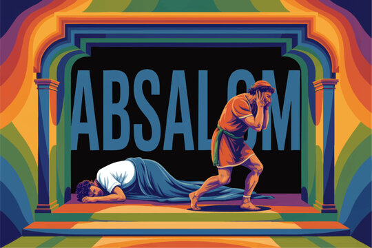 Biblical Story of Absalom in Colorful Temple Scene, Dramatic Old Testament Illustration with Mourning Figure and Fallen Body