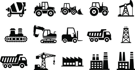 Collection of industrial and construction heavy machinery silhouette icons featuring trucks, cranes, factories, and agricultural vehicles for design. © Rashedul Islam