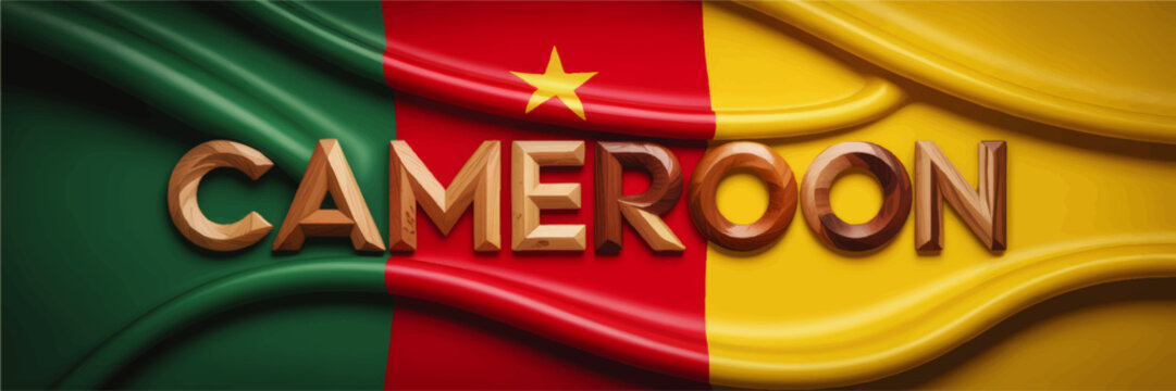 Cameroon flag with carved wooden typography on flowing fabric background, vibrant national banner illustration with star