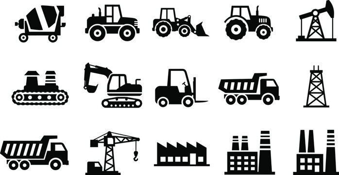 Collection of industrial and construction heavy machinery silhouette icons featuring trucks, cranes, factories, and agricultural vehicles for design.