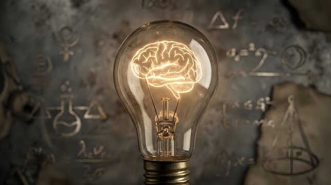 Light bulb with glowing brain filament surrounded by mathematical formulas and scientific equations on chalkboard background for innovation concepts.