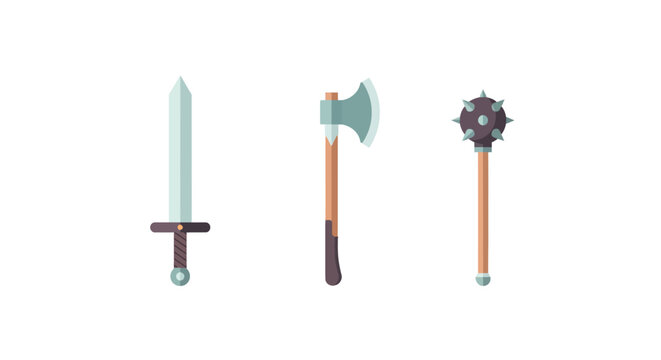 Medieval weapons collection: sword, axe, and mace in flat design
