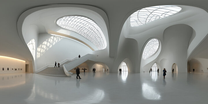 Modern white building interior with large oval skylights and curved walls. People walk inside spacious hall with reflective floor and grand staircase. Future architecture