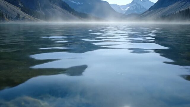 Calm lake water reflects misty mountains at sunrise or sunset with serene landscape