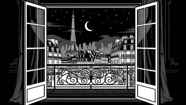 Romantic night view of Paris from an open balcony with the iconic Eiffel Tower illuminated under a starry sky, showcasing classic Parisian architecture