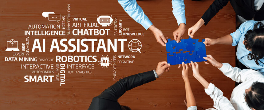 Teams collaborate in a modern workspace, utilizing AI assistant technology to enhance productivity and innovation through smart solutions and interactive engagement. Amity