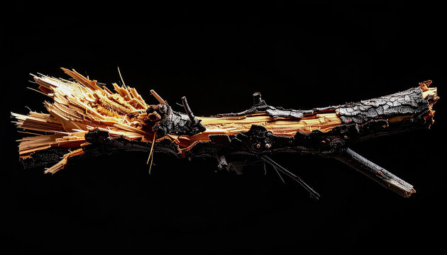 Charred tree branch split open revealing raw wood fibers against deep black background symbolizing damage and resilience
