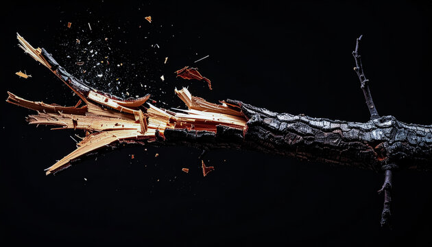 Wooden branch snapping with splinters flying through air captured in dynamic motion on black background