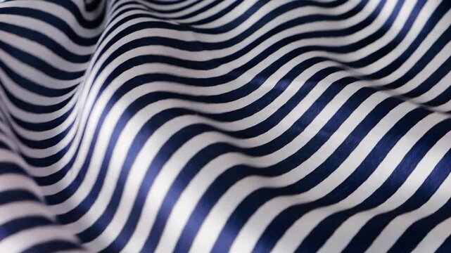 Natural silk fabric with blue and white stripes waving in the wind. Abstract background of flowing textile material forming soft waves. Striped pattern on elegant natural silk moving outdoors.