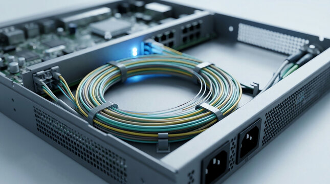 Fiber Optic Cable Bundle Inside Opened Router Panel with Blue LED