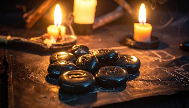 A mystical collection of polished obsidian rune stones glowing near flickering candles on a textured surface, invoking ancient divination practices.