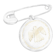 Fototapeta premium Baptism brooch illustration watercolor hand painted. Baptism medallion pendant with christian faith symbol and tender religious meaning. Baptism gift for baby, card design, church celebration, event.