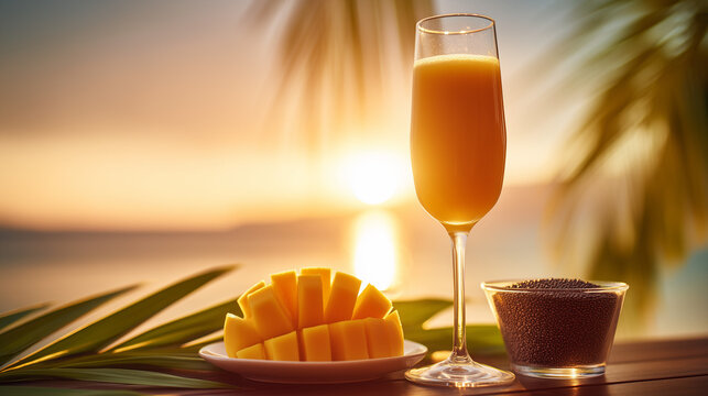 Tropical juice with fresh mango slices by sunset on a beach  