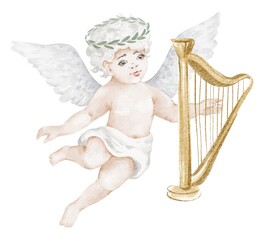 Fototapeta premium Cupid playing a harp in watercolor hand painted. This vintage illustration features a musical instrument for invitations to romantic or religious events. For Valentines Day or celebration card.