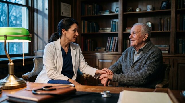 Doctor provides compassionate care by holding an elderly patient's hand during a private medical consultation in a home library.