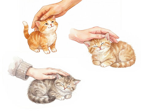 Cute cats being petted by hands, cozy and playful atmosphere, cartoon style, vibrant colors, pet illustration