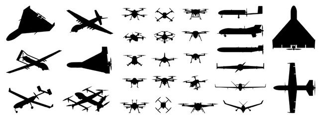 Military UAV and commercial drone silhouette set with combat fixed-wing, kamikaze, and quadcopter icons. Isolated black vector shapes on white background for war, conflicts, aviation and tech design. © Qeeraw