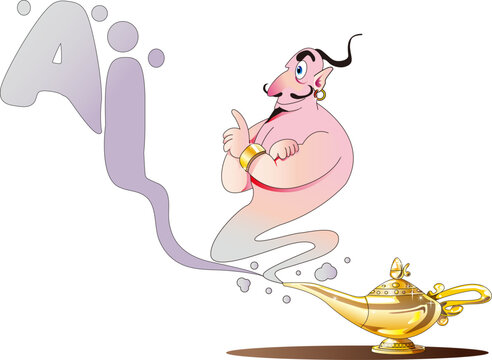 Vector illustration of a genie and "AI" letters emerging from a magic lamp. Includes copy space, clean paths, and organized layers.