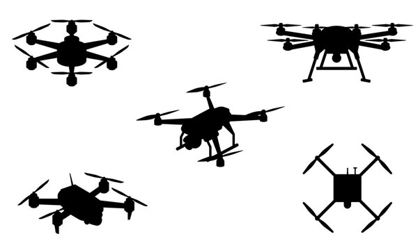 Silhouettes of various quadcopter drones and military UAV viewed from different angles used for surveillance and military applications. Transparent background
