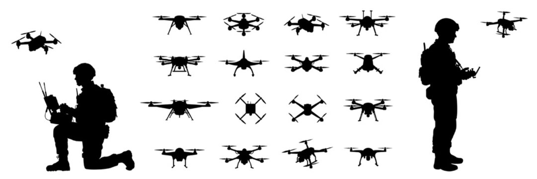 Military drone operator and quadcopter silhouette set. Black soldiers controlling UAVs and various unmanned aerial vehicle icons (FPV drones) isolated on white background for war and tactical design.