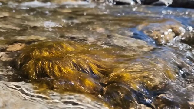 Macro shot of crystal clear spring water stream flowing around amber aquatic algae on stone, emphasizing silky strands, gold undertones, textured current, and detailed freshwater micro landscape