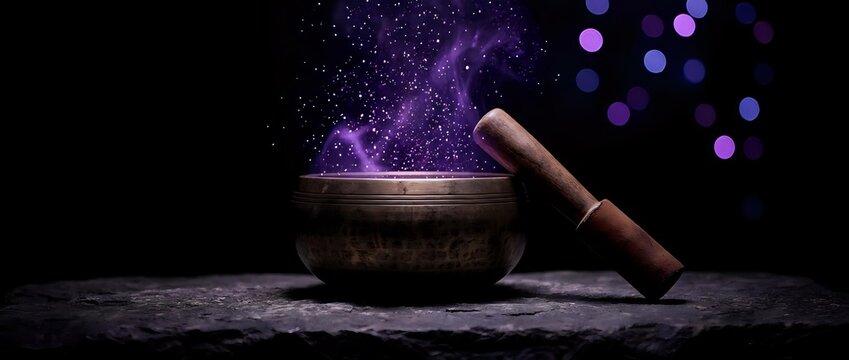 Mystical singing bowl with wooden mallet emitting purple magical energy and sparkles against dark cosmic background for meditation and spiritual healing.