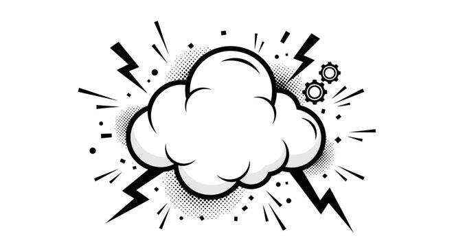 Retro comic style cloud with lightning and gears on white background