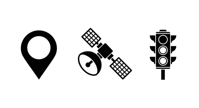 Minimalist icon set featuring gps navigation satellite and traffic