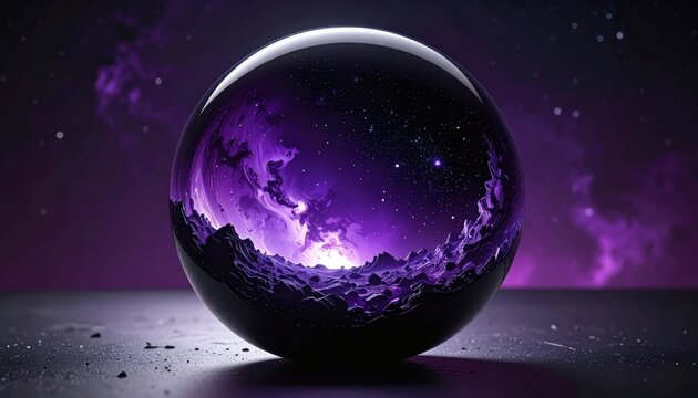 Gleaming Obsidian Sphere Encasing a Miniature Turbulent Galaxy with Cosmic Nebula and Starry Sky
