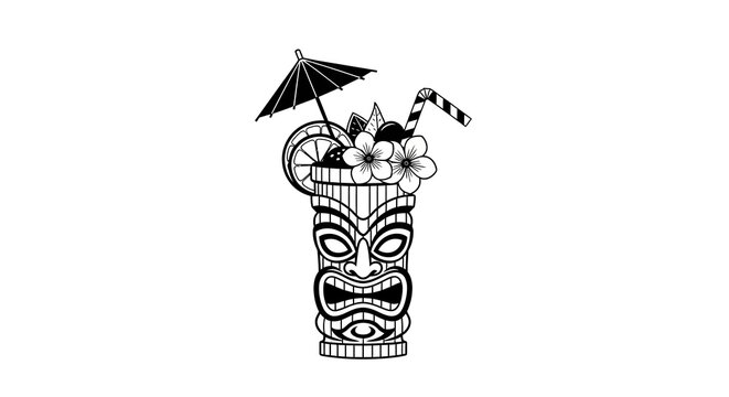 Monochrome tiki cocktail with umbrella and fruits