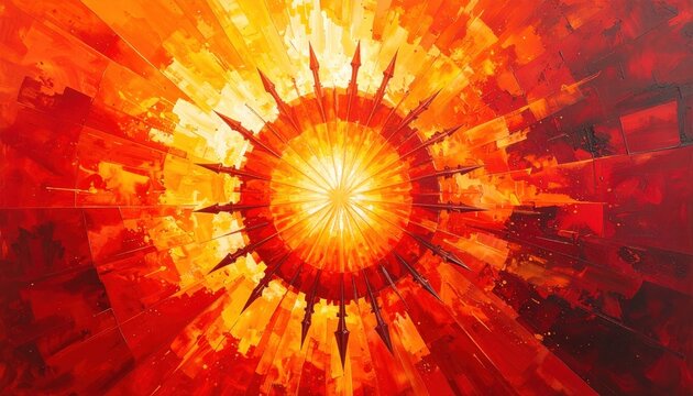 Explosive radial energy patterns depicting coordinated offensive strikes in a fiery abstract art.