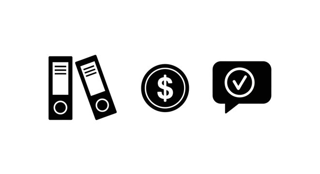 Office essentials icon set: binders finance communication in simple