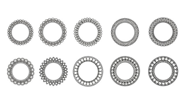 Ornamental circle frames with intricate line patterns for decorative