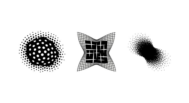 Abstract geometric halftone and grid patterns on white background