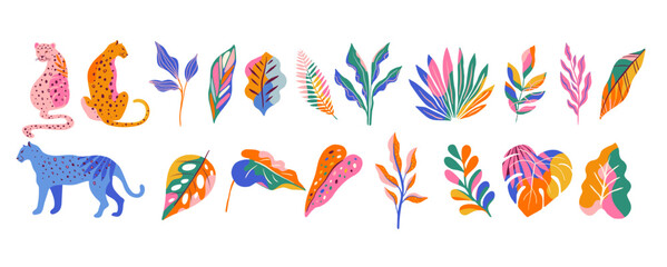 Tropical colorful leaves and animals collection. Exotic jungle plants, cheetahs, jaguars and leopards summer illustrations and graphic elements set. © Marina Zlochin