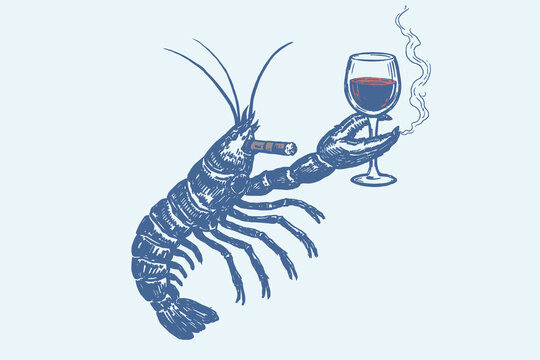 Funny lobster with wine glass and cigar doodle vector illustration in quirky hand drawn seafood style