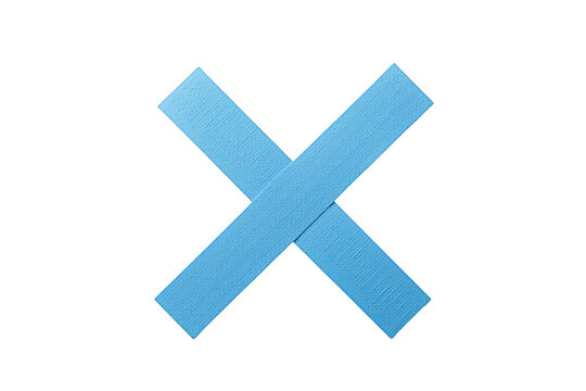 Blue adhesive masking tape strips creating an x mark, signifying wrong, delete, ban, or no entry on a transparent background
