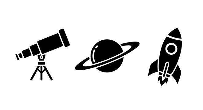 Space exploration icons: telescope saturn rocket in silhouette style