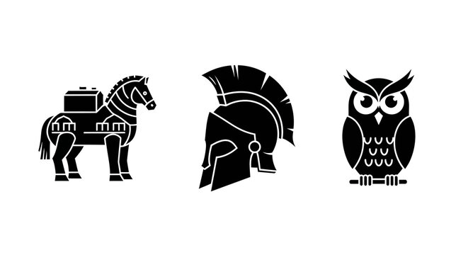 Ancient greek icons: trojan horse spartan helmet and owl silhouette