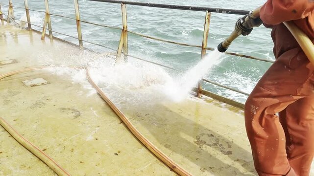 after discharging of wheat cargo seafarers put remaining residues to the ocean, seaman life and job. washing and cleaning