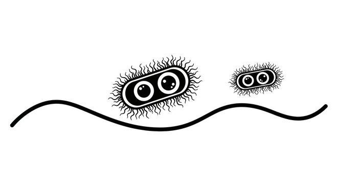 Simplistic black and white bacteria with hairlike structures in motion