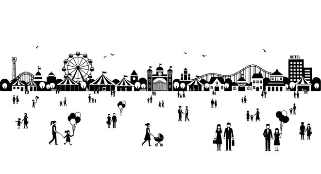 Black and white city park with ferris wheel and crowd in silhouette