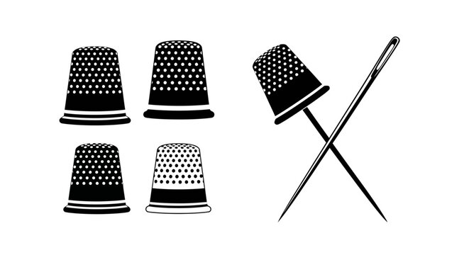 Sewing tools: black and white thimble and needle icons