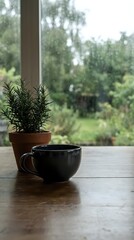 Fototapeta premium Black ceramic coffee cup and rosemary plant on wooden table by window with garden view creating peaceful morning atmosphere for relaxation and mindfulness.