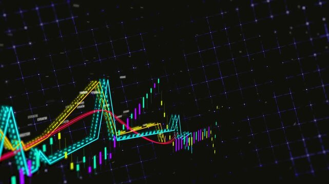 Dynamic corporate business animation of moving financial statistics and growth analytics in a high-tech dark space.
