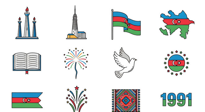 Collection of Azerbaijan national symbols and landmarks pixel art, including flag, map, flame of victory, book, dove, fireworks, and year 1991